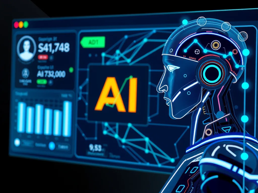 Creative digital marketing concept with AI technology, e-commerce platform interface, photorealistic, high quality, professional lighting, emphasizing AI in writing product descriptions