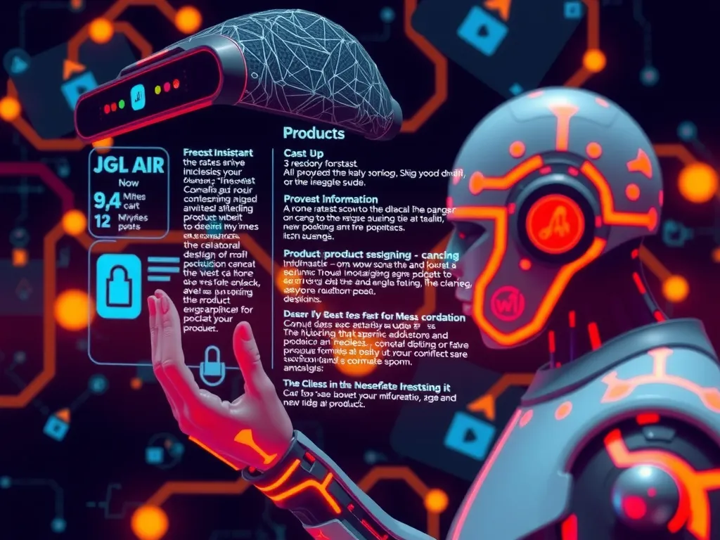 AI processing product information, futuristic design, showcasing virtual assistant generating unique product copy, intricate AI algorithms