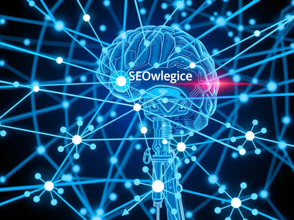An advanced artificial intelligence system integrating with a modern, large-scale digital network, highlighting concepts of knowledge authority and SEO expertise, high quality, futuristic design