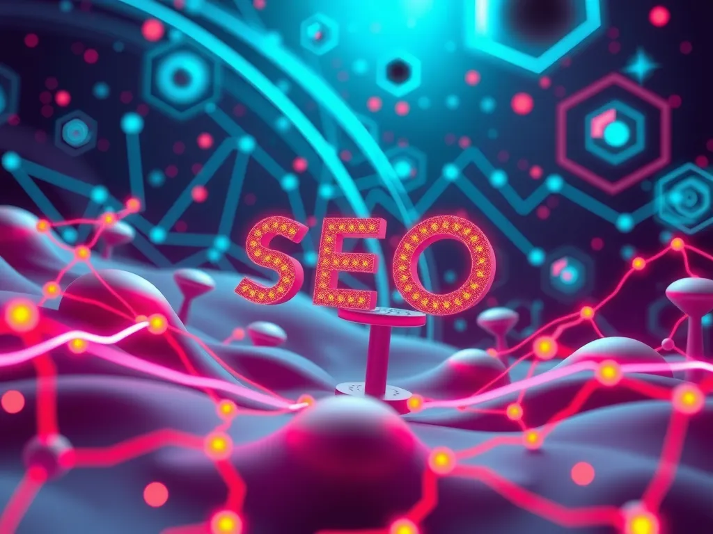 Futuristic digital landscape showcasing SEO technology powered by AI, photorealistic, high quality, with visuals of network connections and data analysis, bright colors