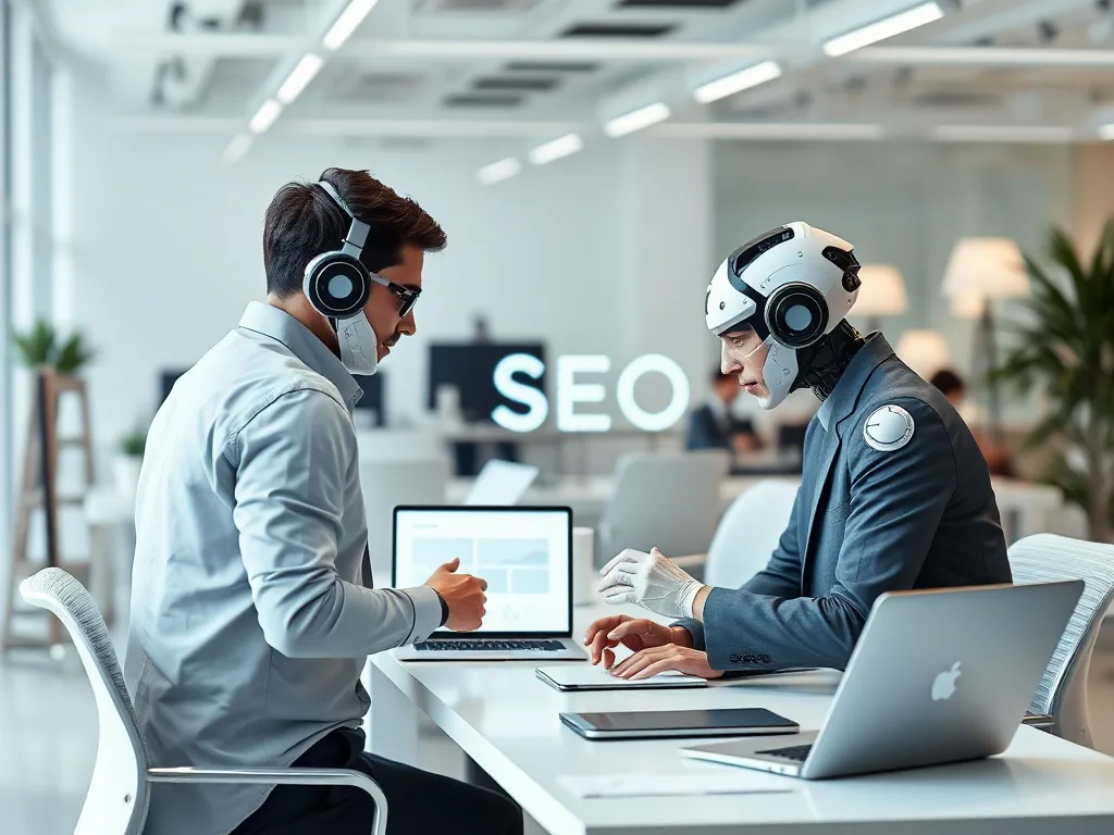 Collaboration between SEO professionals and AI tools, showing teamwork and strategic planning, futuristic office environment