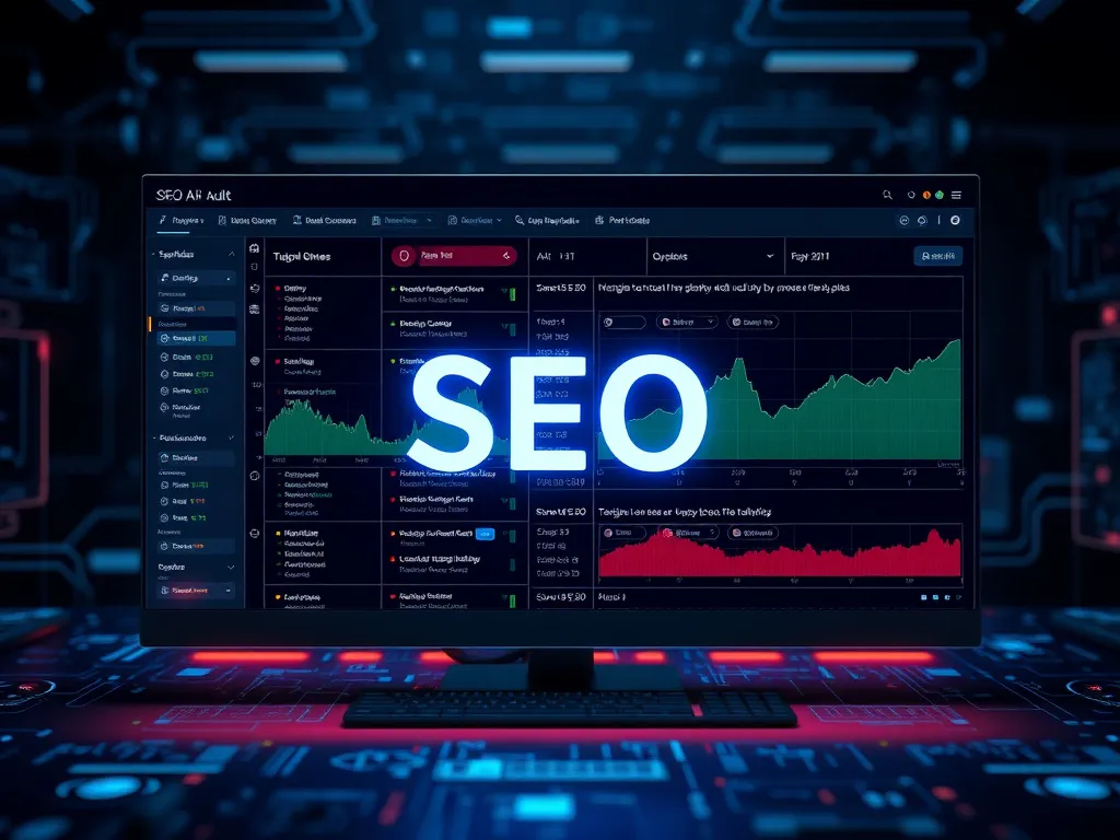 Conceptual high-tech representation of technical SEO audit with AI highlighting and fixing SEO issues, professional and detailed