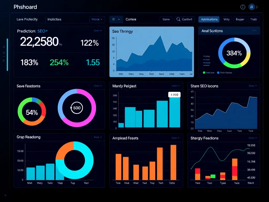 Modern digital dashboard showing AI-driven SEO report predictions and analysis, high-tech and insightful display