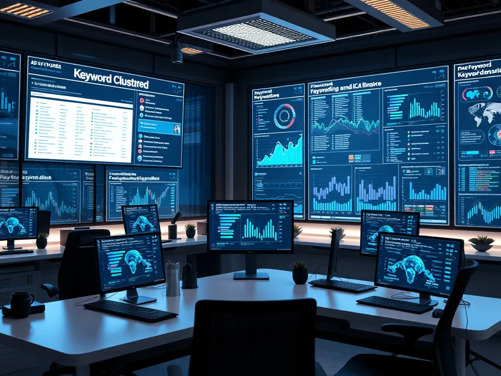 Futuristic, professional SEO workspace with advanced AI tools, digital screens showcasing keyword clustering and analytics, photorealistic, high quality, modern office environment