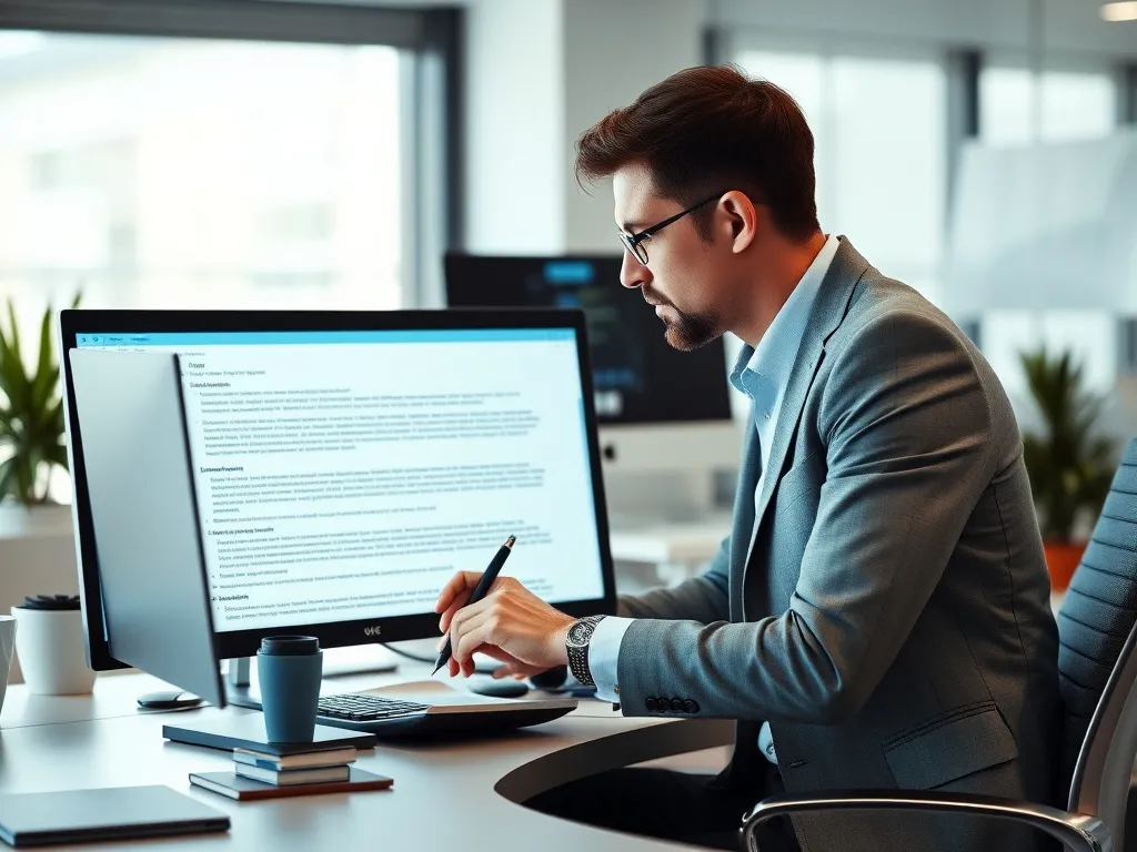 Professional writer collaborating with AI content generator on a computer screen, photorealistic, detailed, modern office setting