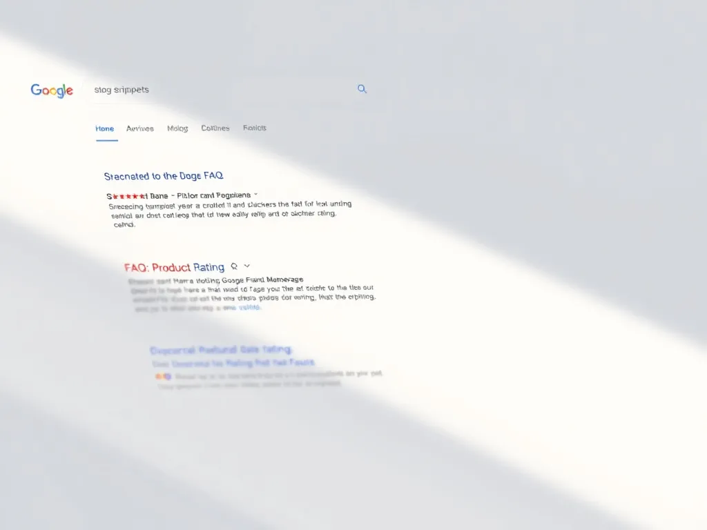 Image of Google search results with rich snippets using structured data like FAQs, product ratings, dynamic results, photorealistic, engaging style