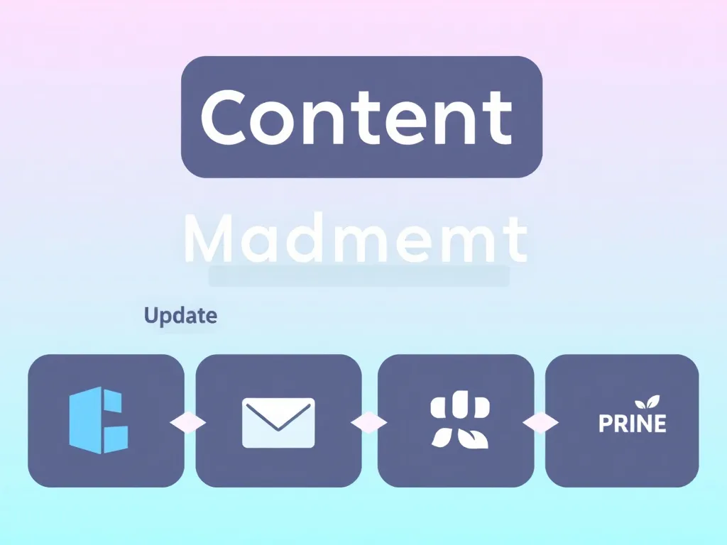 Illustration of content management with icons for update, consolidate, and prune, graphic design representing a dynamic content lifecycle, fresh and creative style