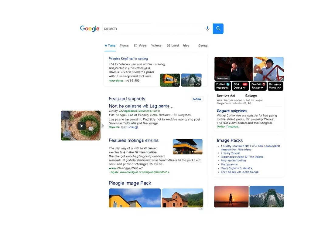 Image showing a Google search page with diverse SERP features like featured snippets, videos, and image packs, emphasizing search intent analysis, photorealistic, high quality