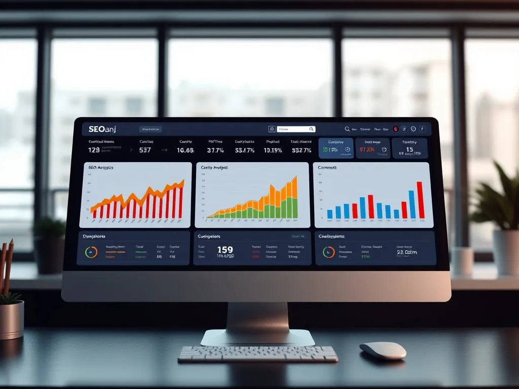 Image showing SEO analytics dashboard on a computer screen, displaying various KPI metrics and graphs, photorealistic, high quality