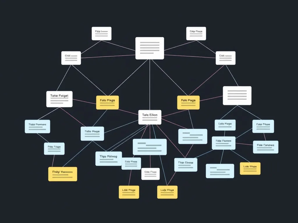 Visual of interconnected web pages, demonstrating internal linking strategy, professional SEO layout showing hierarchies and link relationships, clean design