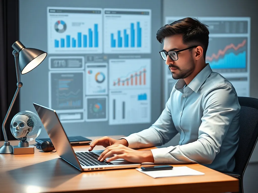 Visual representation of modern SEO strategy in 2025, showing a digital marketing professional at a desk with a laptop, analyzing data, charts, and graphs with AI integration, photorealistic, high quality