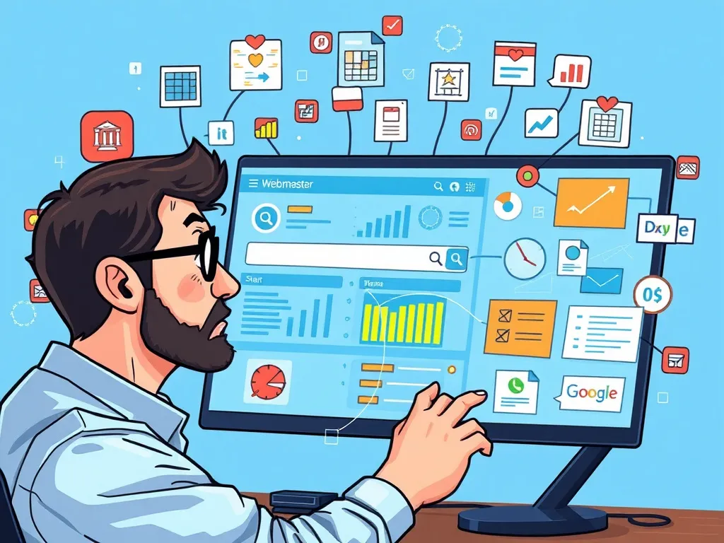 Conceptual image of a frustrated webmaster looking at a complex digital interface resembling a search engine console, surrounded by digital icons representing website health, indexing issues, and solutions, professional digital art style, clean background, high quality, vibrant