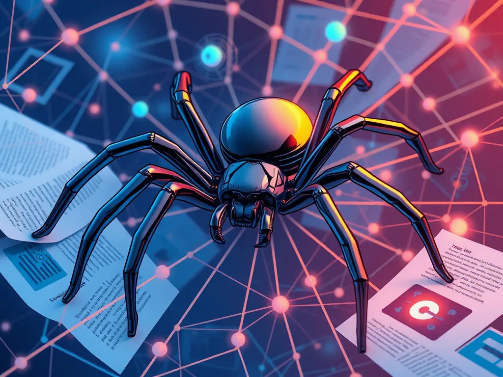 Illustration of a digital web spider symbolizing Googlebot, crawling through a web of interconnected website pages, detailed, metaphorical, vibrant