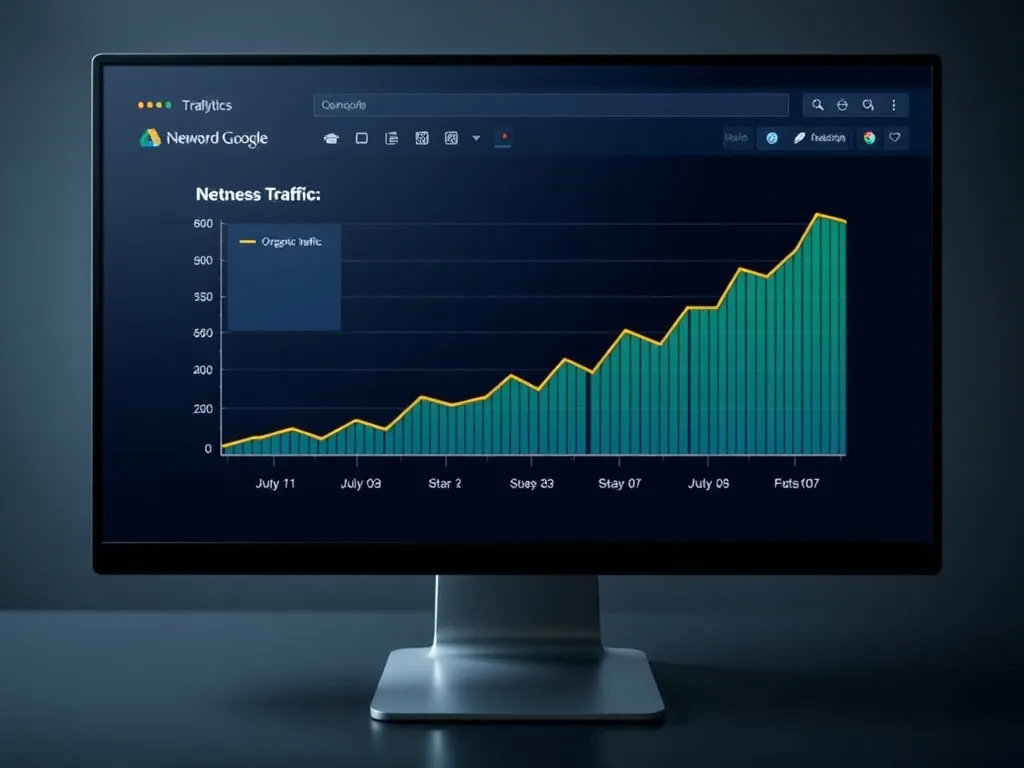 Visualization of network traffic analytics on a computer monitor, depicting indexing vs. organic traffic increase graph, business and data-centric