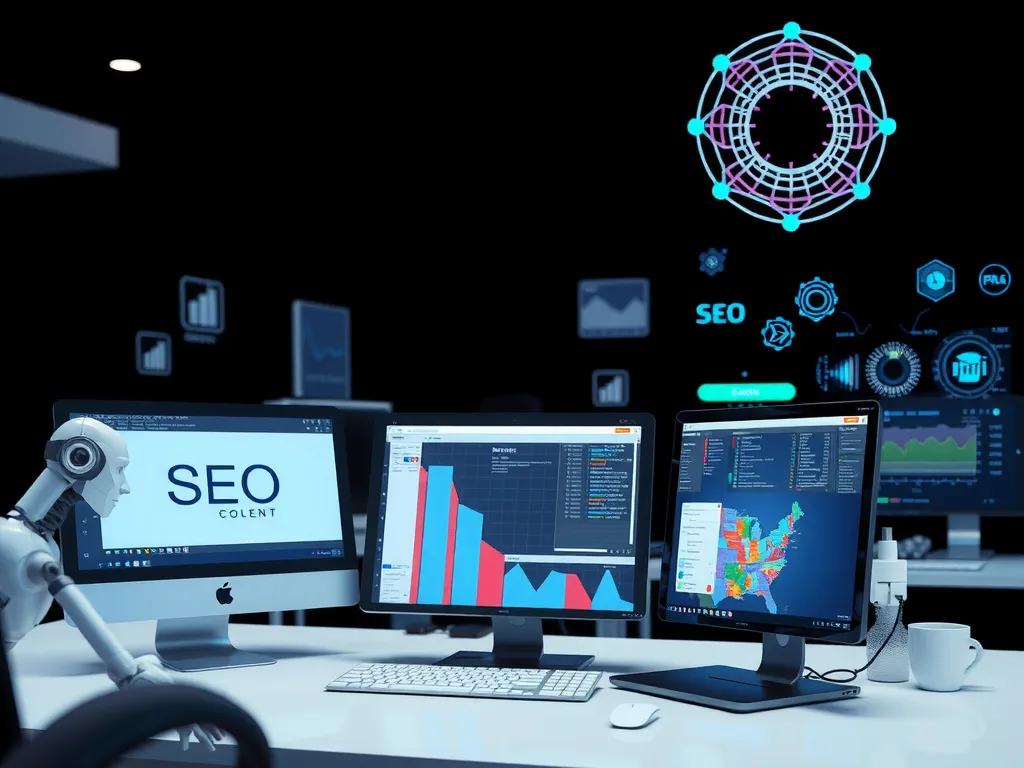 Image depicting AI tools optimizing content based on contextual and semantic analysis, digital workspace full of SEO tools and AI interfaces