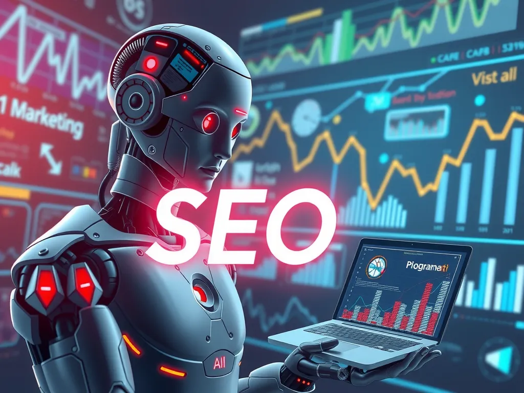 Illustration of artificial intelligence revolutionizing SEO practices, photorealistic, high quality, with digital marketing graphs, AI algorithms, and SEO strategies, futuristic and modern aesthetic