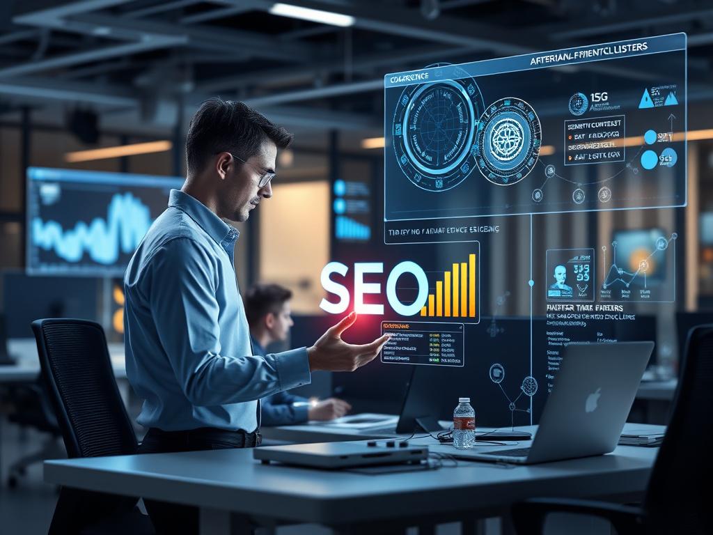 A futuristic scene depicting digital marketing specialists integrating artificial intelligence into SEO strategies. Featuring technology-inspired elements, such as data analytics displays and a holographic interface, showcasing concepts like semantic context and keyword clusters with ai-enhanced visuals, photorealistic, high quality, modern office environment.