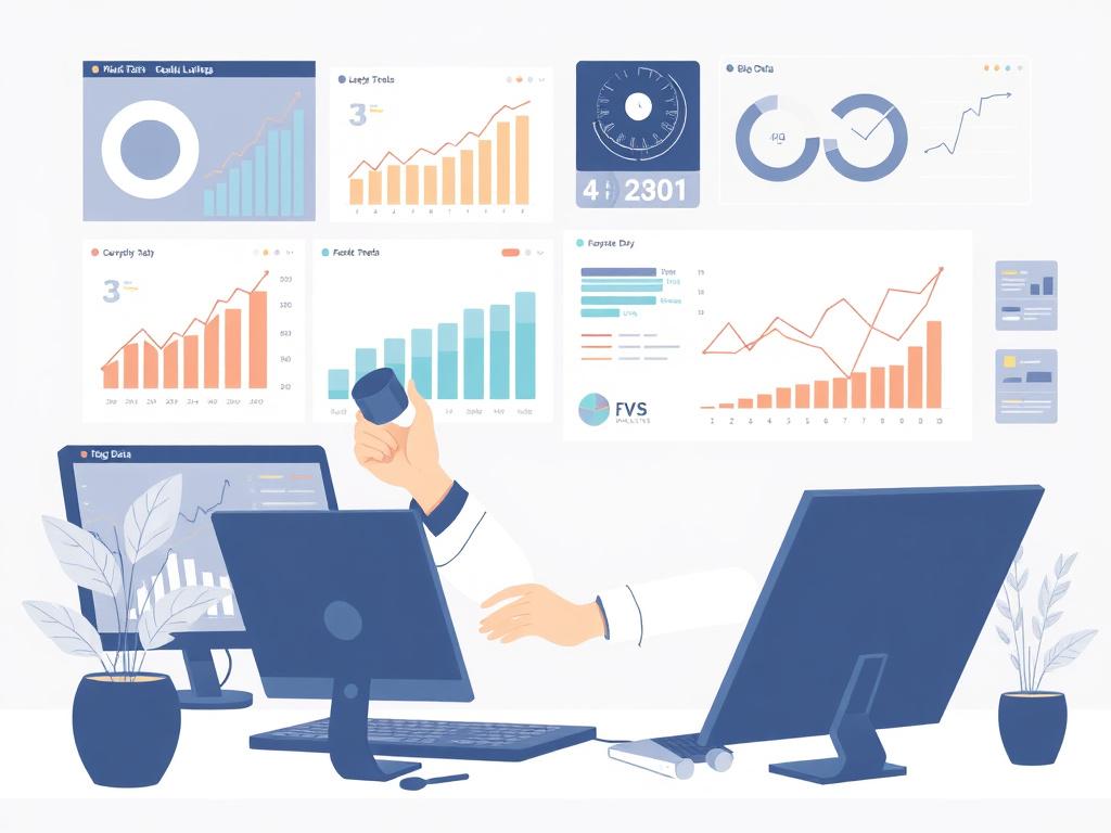 Illustration of a digital marketing strategist analyzing big data for market trends, featuring graphs, AI interfaces, and predictive analytics dashboards, clean and modern design