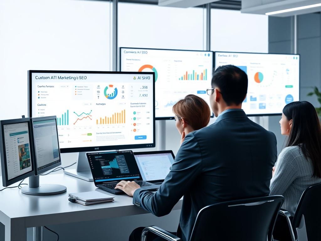 Scene showing a marketing team using AI tools for SEO, with screens displaying data analytics, content management interfaces, and automation processes, professional and modern setting