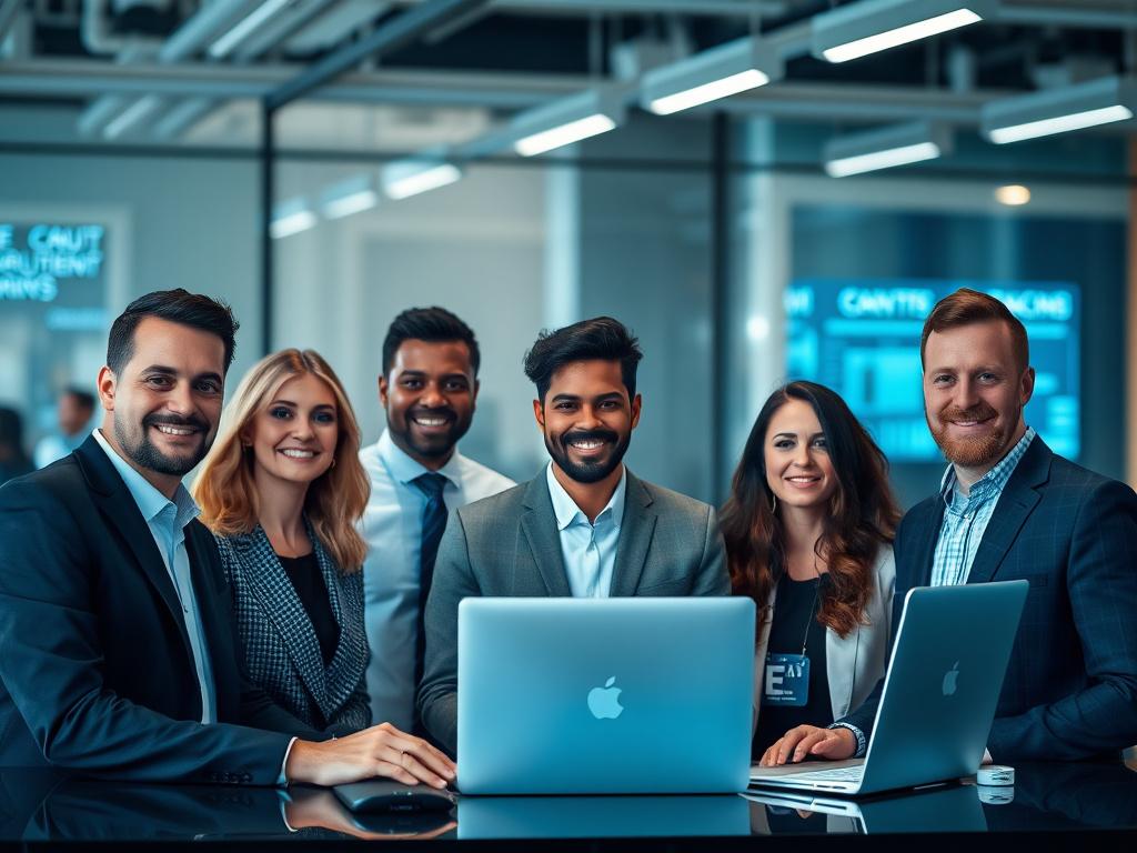 Professional setting showing a diverse team using reliable AI tools for content optimization, highlighting AI interfaces and CMS integration, high tech environment