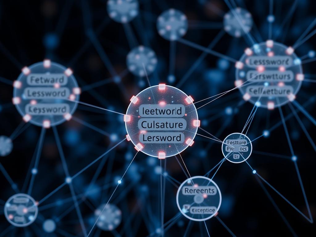 Visual representation of neural semantic matching technology in action, showcasing abstract connections between keyword clusters and entities in a digital network, highly detailed