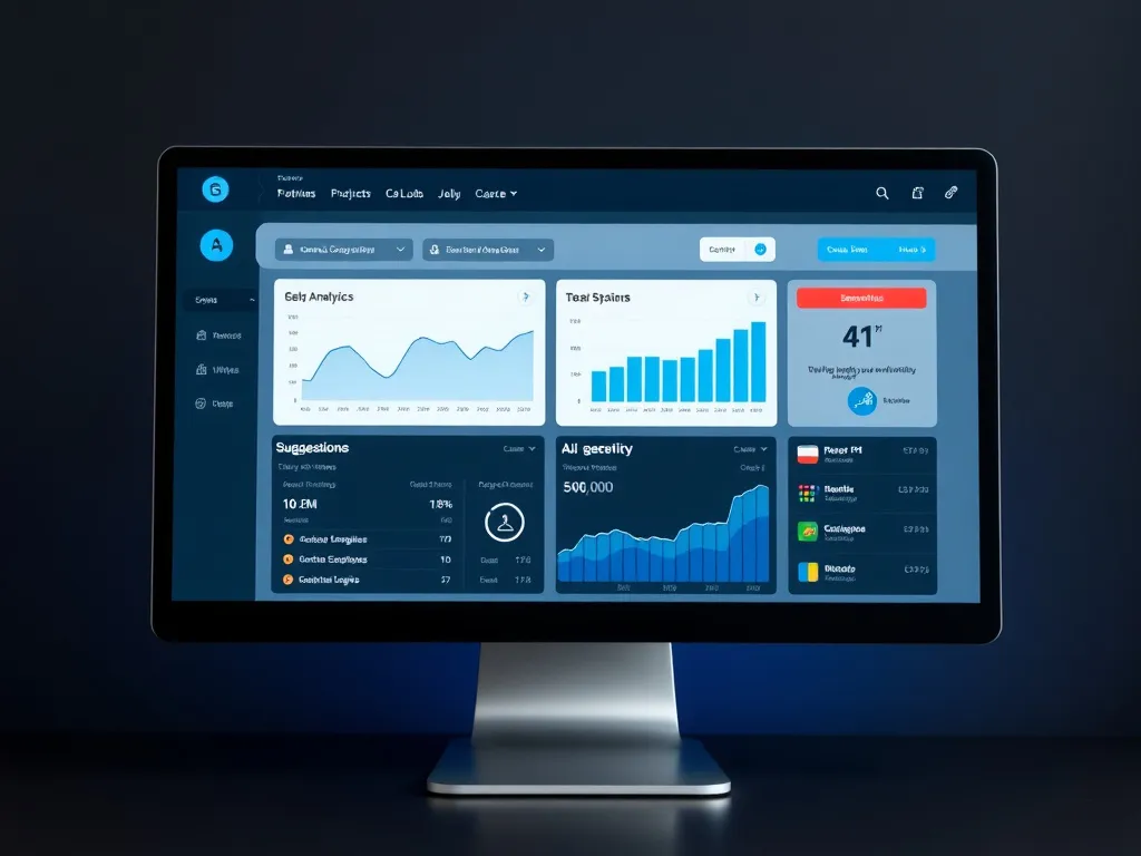 A computer screen with state-of-the-art SEO tools interface, showcasing analytics and AI-driven suggestions, clean and modern design.