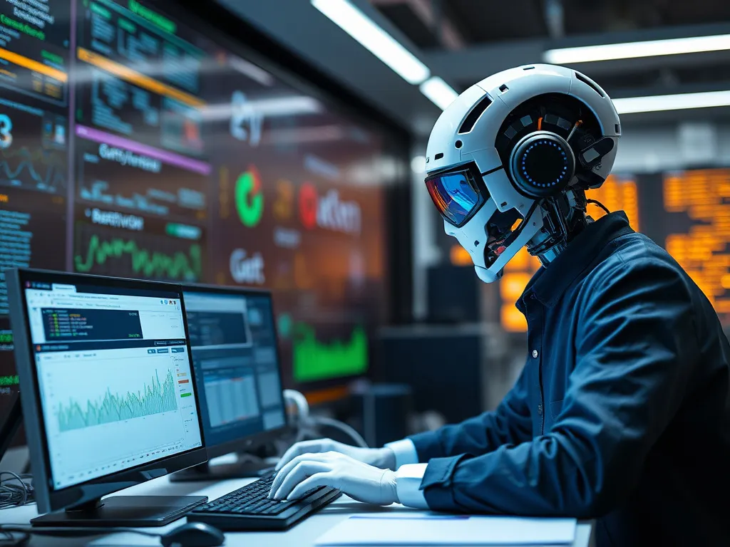 A scene of AI tools assisting in digital system analysis, illustrating advanced software in action, professional photography style.