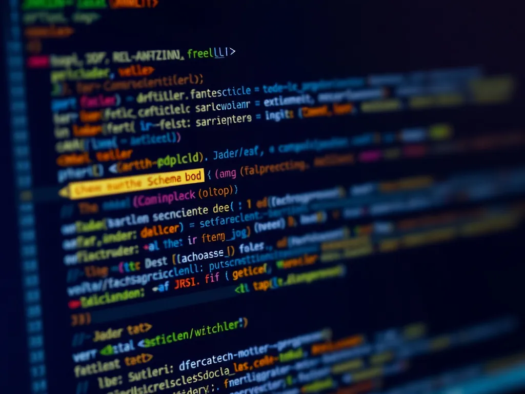 Close-up of a computer screen showing JSON-LD code for Schema markup implementation with highlighted elements, professional lighting, high quality