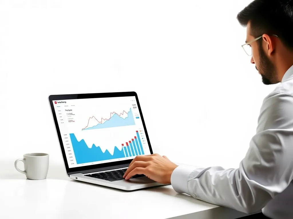 Conceptual image of a business professional analyzing website performance metrics on a laptop, showing graphs and analytics, minimalistic background