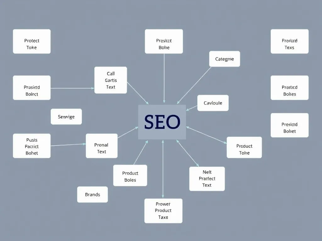 Diagram of a knowledge graph illustrating entity relationships in website SEO, showing connections between products, categories, and brands