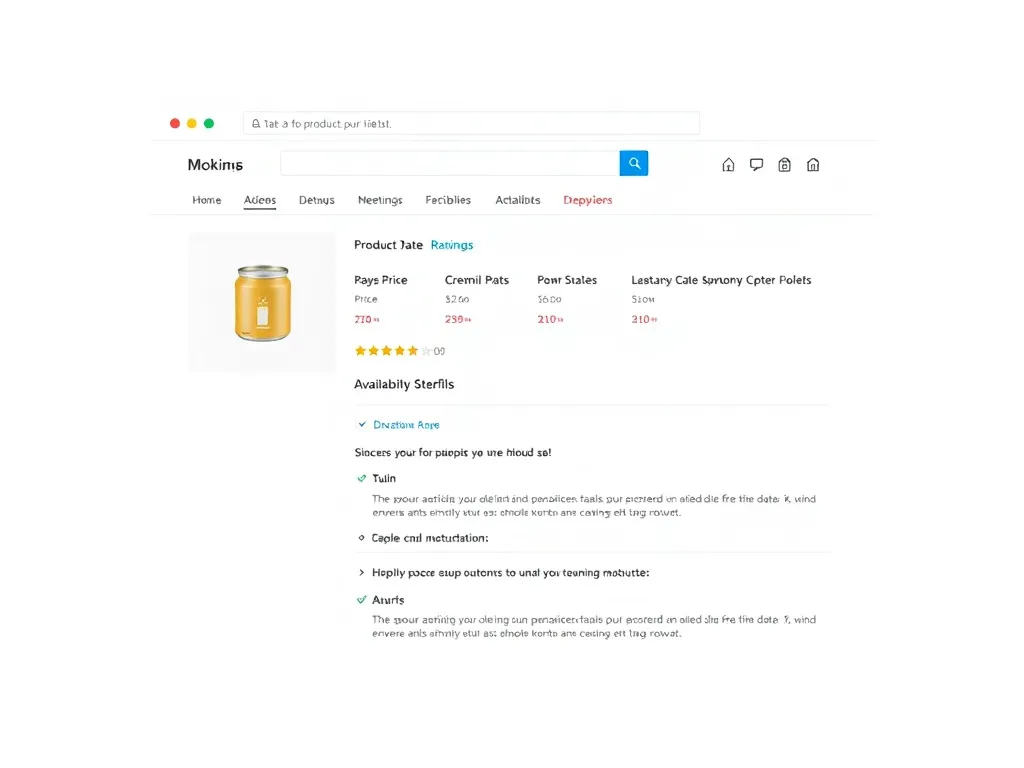 Mockup of a web page with structured data showing product details like price, ratings, and availability, clean and organized layout
