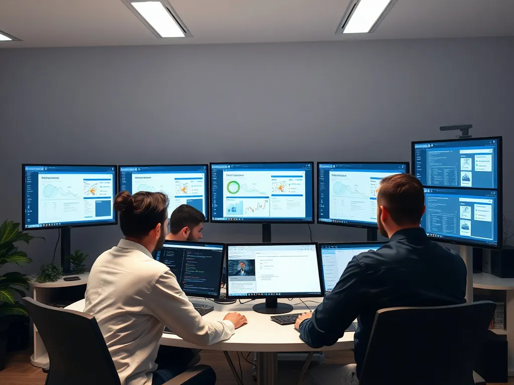 Scene of a team collaborating in a digital environment, surrounded by screens displaying web management and automation tools