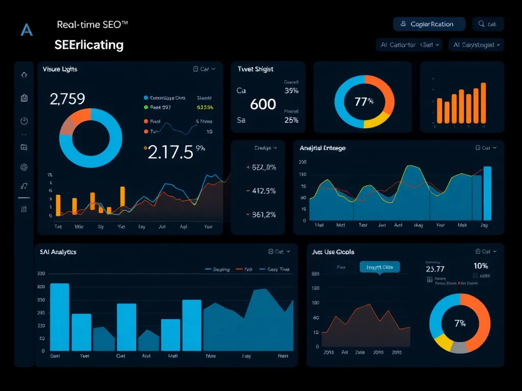 AI analytics dashboard displaying real-time SEO data visualizations, user-friendly interface, clear graphs, detailed insights, modern design.