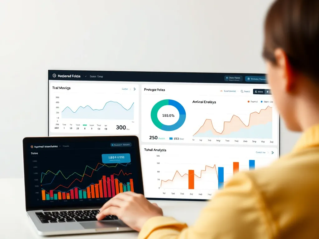 High quality image of AI-powered SEO tool interface with charts and metrics, professional photography style, detailed analysis