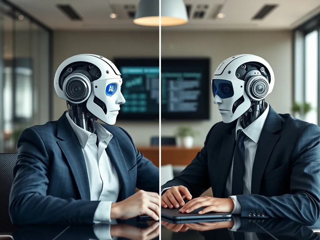 Side-by-side comparison of AI SEO tool and AI agent in digital strategy meeting, high quality, business setting