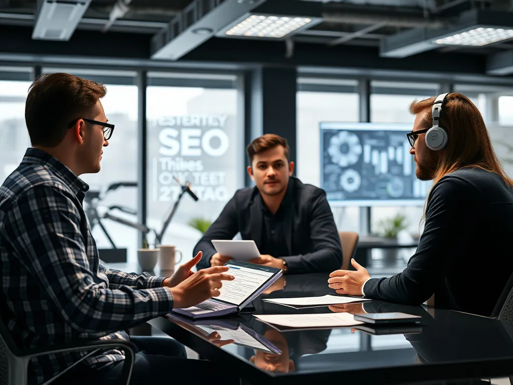 Tech startup environment with team discussing AI-driven SEO strategy, photorealistic, detailed, modern office
