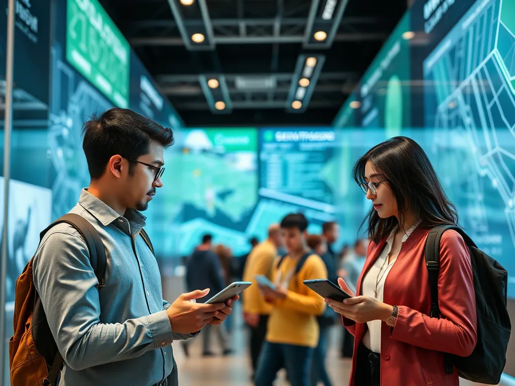 Interactive scene with individuals using smart devices showing geographic directions and local indicators, photorealistic, professional style