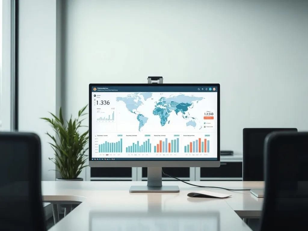 Modern office with a computer screen displaying geographic data and statistics, clean background, high detail