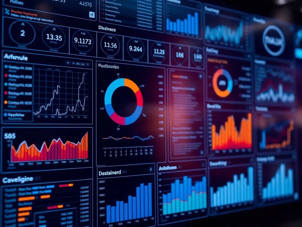 User interface displaying real-time data dashboards and analytics, high-tech, professional photography style