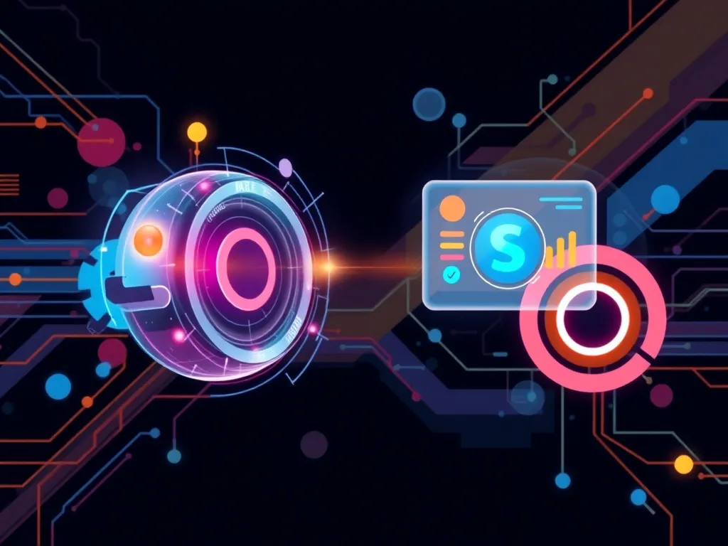 Abstract design showing the interaction between AI-powered SEO tools and user intent analysis, futuristic and colorful elements