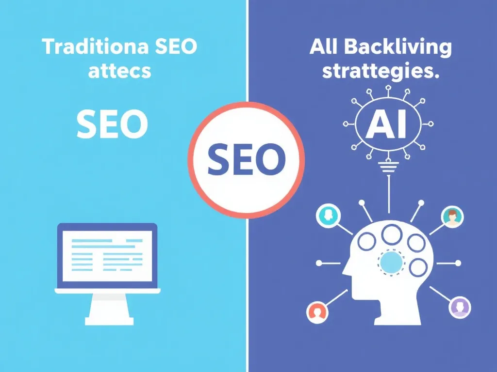 Illustration of traditional SEO tactics like keyword placement and backlinks contrasted with AI-driven strategies, detailed comparison, clean and modern design