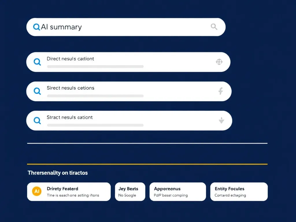 Infographic of the layers of modern search results hierarchy, including AI summaries, direct answers, and entity-focused approaches