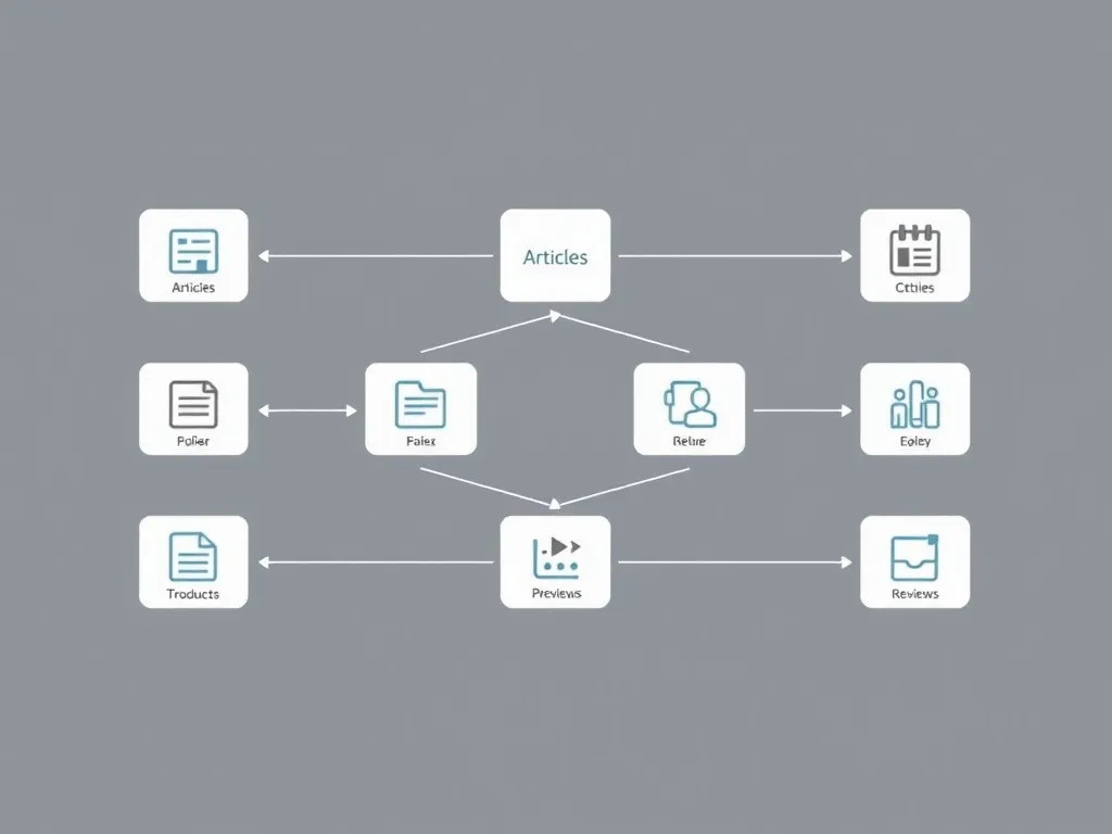 Diagram of structured data with icons representing different types of data like articles, products, reviews, in a web context, clean design