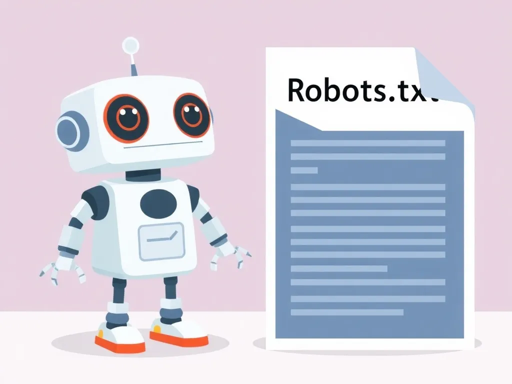 Illustration of a robot and a document representing a robots.txt file, showing the concept of controlling search engine crawling, professional style