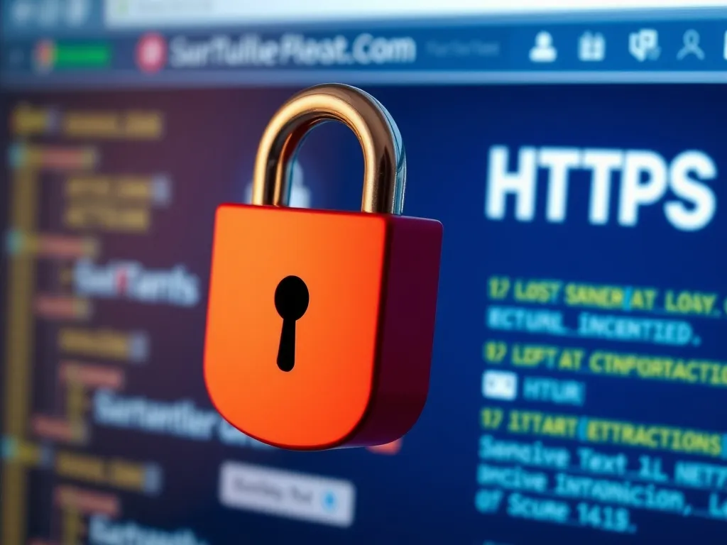A padlock icon over a secure website interface, symbolizing website security and HTTPS protocol, professional style