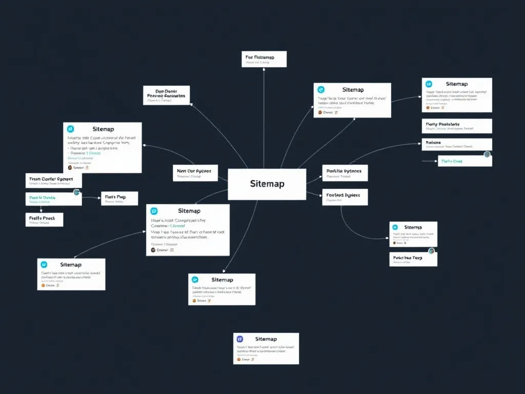 Detailed sitemap diagram showing website structure with interconnected lines and nodes, representing sitemap optimization, photorealistic