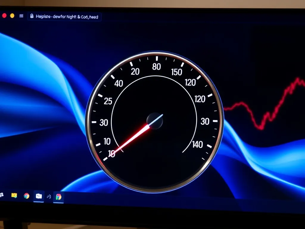 A speedometer gauge on a computer screen showing high speed, symbolizing fast website performance, high quality