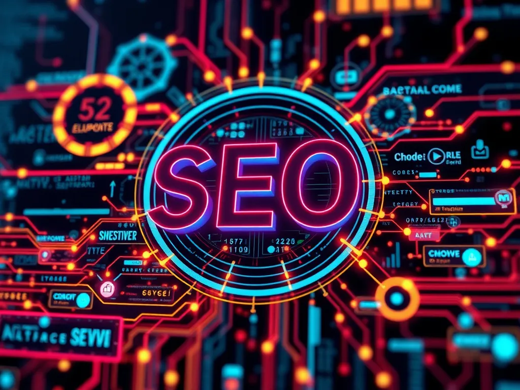 Abstract visualization of technical SEO, showing interconnected digital elements like coding, data analytics, and website infrastructure in a futuristic style, high quality, vibrant colors