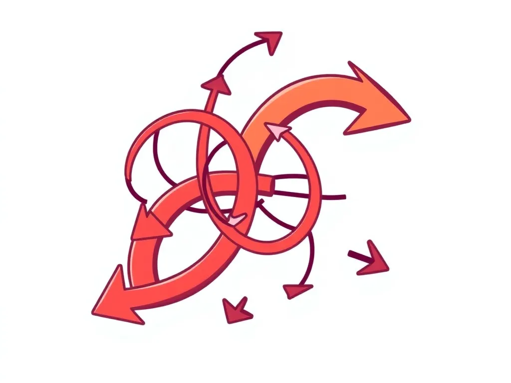 illustration of a faulty redirect path, showing tangled and broken arrows representing errors in webpage forwarding, digital interface style