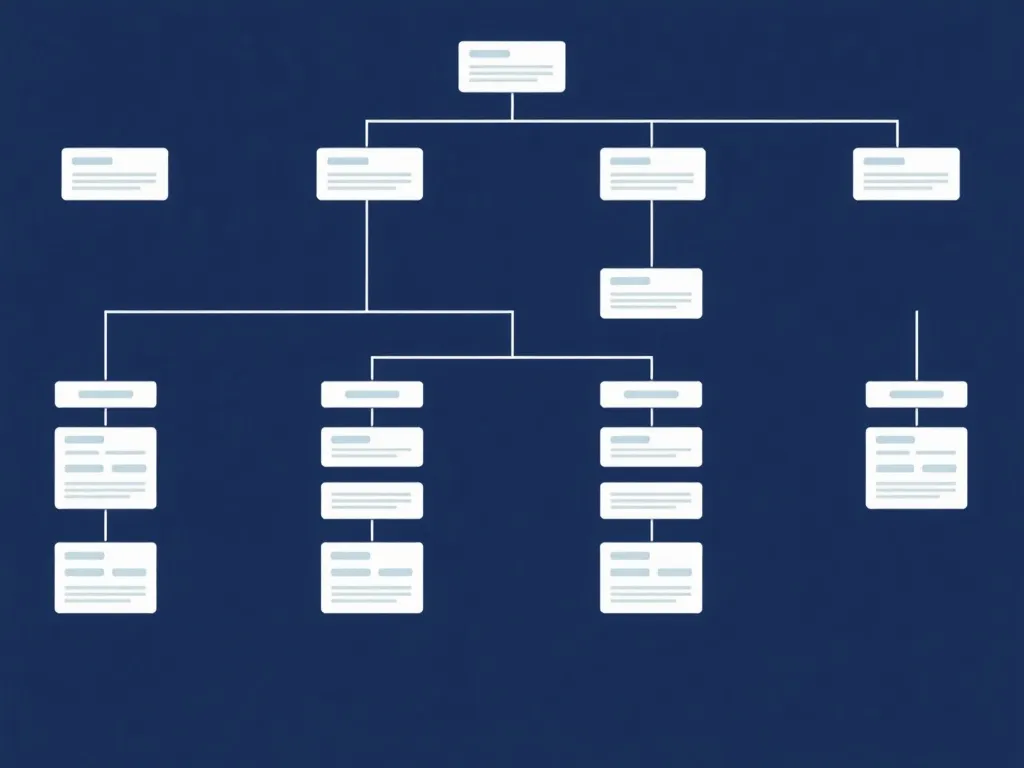 Illustration of a hierarchical site structure, shown as a clear, organized map or flow chart of pages, modern professional design
